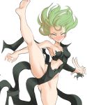  1girl bare_arms bare_shoulders barefoot black_dress blush breasts covered_navel dress floating_hair green_eyes green_hair highres long_sleeves medium_breasts one-punch_man parted_lips rakeem_garcia-cueto simple_background smile solo split standing standing_on_one_leg standing_split tatsumaki torn_clothes torn_dress white_background 
