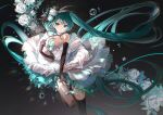  1girl absurdres bare_shoulders blue_eyes blue_hair breasts dress elbow_gloves feather_hair_ornament feathers flower gloves hair_between_eyes hair_flower hair_ornament hatsune_miku highres long_hair looking_at_viewer rumoon sleeveless small_breasts solo thigh-highs twintails very_long_hair vocaloid water_drop 