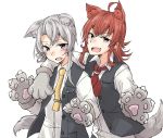  2girls ahoge animal_ears arashi_(kantai_collection) arm_around_shoulder asymmetrical_hair bangs black_vest blue_eyes blush eyebrows_visible_through_hair fang gloves grey_hair kantai_collection multiple_girls nowaki_(kantai_collection) open_mouth paw_gloves paws red_neckwear redhead rindou_(rindou_annon) shirt simple_background sweat tail upper_body vest white_background white_shirt wolf_ears wolf_tail yellow_neckwear 