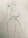  1girl ass athletic_leotard cropped_jacket from_behind gloves hands_on_hips jacket leotard long_hair looking_back monochrome namco nanao_futaba numan_athletics open_mouth sharon_les_halles sketch smile solo thigh-highs thighs traditional_media twintails very_long_hair 