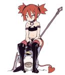  1girl bare_shoulders belt beltbra black_panties boots ddari demon_tail disgaea earrings etna hair_between_eyes jewelry knee_boots navel panties parted_lips pointy_ears polearm prinny red_eyes red_legwear redhead short_hair simple_background sitting skull_earrings solo spear tail thigh-highs twintails underwear weapon white_background 