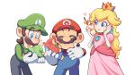  1girl 2boys blonde_hair blue_eyes brown_hair crown cup dress drinking_straw earrings facial_hair food gloves hat jewelry long_hair luigi mario super_mario_bros. multiple_boys mustache nintendo omochi_(glassheart_0u0) overalls princess_peach super_mario_bros. white_gloves 