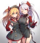  2girls ;d absurdres admiral_hipper_(azur_lane) ahoge antenna_hair armpit_cutout azur_lane bangs blonde_hair blush breasts brown_hair choker clothing_cutout eyebrows_visible_through_hair garter_straps gloves green_eyes hair_between_eyes headgear highres iron_cross large_breasts leotard long_hair long_sleeves looking_at_viewer mole mole_under_eye multicolored_hair multiple_girls one_eye_closed open_mouth prinz_eugen_(azur_lane) redhead satsuma_imohen silver_hair small_breasts smile streaked_hair thigh-highs two_side_up very_long_hair 