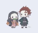  1boy 1girl asa_no_ha_(pattern) ayu_(mog) bamboo bit_gag black_hair blue_background brother_and_sister brown_eyes brown_hair checkered chibi earrings facial_scar full_body gag hair_ribbon haori holding_hands japanese_clothes jewelry kamado_nezuko kamado_tanjirou kimetsu_no_yaiba kimono long_hair looking_at_another multicolored_hair pink_kimono pink_ribbon ribbon scar siblings signature simple_background smile standing two-tone_hair violet_eyes 