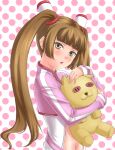  1girl amy_(bakuretsu_tenshi) bakuretsu_tenshi blush brown_eyes brown_hair hair_ornament long_hair looking_at_viewer navel open_mouth polka_dot polka_dot_background shougi_(116) solo stuffed_animal stuffed_toy teddy_bear twintails 