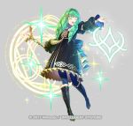  1girl :d ^_^ bangs black_dress black_footwear blue_legwear boots closed_eyes dress eyebrows_behind_hair facing_viewer fire_emblem fire_emblem:_three_houses flayn_(fire_emblem) frilled_dress frills full_body green_hair grey_background hair_ornament holding holding_staff knee_boots kousei_horiguchi long_hair long_sleeves magic_circle official_art open_mouth outstretched_arm pantyhose puffy_long_sleeves puffy_sleeves simple_background sleeves_past_wrists smile solo staff standing standing_on_one_leg upper_teeth watermark 