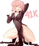  1girl bangs black_dress black_footwear breasts cosplay covered_navel doki_doki_literature_club dress followers kneeling long_sleeves looking_at_viewer medium_breasts natsuki_(doki_doki_literature_club) one-punch_man open_mouth pink_eyes pink_hair rakeem_garcia-cueto shoes short_hair simple_background solo tatsumaki tatsumaki_(cosplay) white_background 