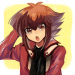  :o black_shirt border brown_eyes brown_hair duel_academy_uniform_(yuu-gi-ou_gx) hair_between_eyes hand_on_own_head jacket looking_at_viewer male_focus open_mouth red_jacket shirt sidelocks simple_background sk816 upper_body white_border yu-gi-oh! yu-gi-oh!_gx yuuki_juudai 