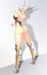  1girl absurdres armored_boots ass bangs blue_eyes blush boots breasts closed_mouth commentary_request dark_night_(darkotl) from_behind highres knee_boots langrisser langrisser_ii large_breasts leotard lips parted_bangs sherry_(langrisser) shiny shiny_clothes shiny_skin short_hair silver_hair solo standing thighs thong thong_leotard 