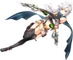  1girl antenna_hair bare_shoulders belt black_bra black_footwear black_gloves boots bra crop_top dagger dual_wielding dutch_angle eiyuu_densetsu elbow_gloves fie_claussell fingerless_gloves floating_hair full_body gloves green_eyes grey_skirt gunblade hajimari_no_kiseki highleg highres holding holding_weapon leg_belt leg_up long_hair looking_at_viewer midriff miniskirt navel o-ring o-ring_top official_art open_clothes scarf sen_no_kiseki shirt side_slit skirt sleeveless sleeveless_shirt solo stomach thigh-highs thigh_boots thighs transparent_background underwear vest weapon white_hair white_shirt zettai_ryouiki 