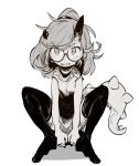  1girl between_legs broken_horn ddari full_body glasses greyscale hand_between_legs highres horns looking_at_viewer medium_hair monochrome original ponytail round_eyewear shirt simple_background sitting solo spiked_tail tail thigh-highs white_background 