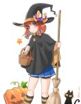  1girl alternate_costume black_cape black_headwear blonde_hair blue_skirt bob_cut braid cape cat etorofu_(kantai_collection) gradient_hair halloween_costume hat highres jack-o&#039;-lantern kantai_collection kneehighs looking_at_viewer multicolored_hair pleated_skirt redhead side_braid simple_background skirt solo standing striped striped_legwear thick_eyebrows tsukimura_(d24f4z8j3t) twin_braids violet_eyes white_background witch_hat 