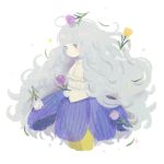  1girl ayu_(mog) big_hair blouse blue_eyes blush closed_mouth cowboy_shot flower flower_request grey_eyes grey_hair hair_flower hair_ornament highres holding holding_flower long_hair long_sleeves looking_at_viewer original pantyhose purple_flower purple_skirt simple_background skirt solo standing very_long_hair white_background white_blouse white_flower yellow_flower yellow_legwear 