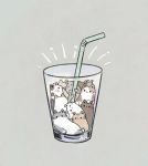  animal_focus ayu_(mog) cat commentary cup drinking_glass drinking_straw grey_background highres no_humans original signature simple_background symbol_commentary too_many too_many_cats 