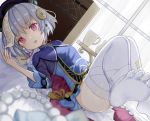  1girl absurdres arno_(ft3014) beads bed bed_sheet braid braided_ponytail dress feet frilled_dress frills genshin_impact hair_ornament highres jiangshi looking_at_viewer lying on_back on_bed open_mouth purple_hair qiqi soles solo thigh-highs toes violet_eyes white_legwear 