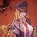  1girl :p blonde_hair brown_gloves chyan collared_shirt copyright_request gloves grey_jacket hat highres jacket long_hair long_sleeves military_hat necktie red_background red_eyes red_neckwear shirt smile solo tongue tongue_out upper_body white_shirt wing_collar 