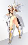  1girl absurdres armored_boots ass bangs blue_eyes blush boots breasts closed_mouth commentary_request dark_night_(darkotl) from_behind highres knee_boots langrisser langrisser_ii large_breasts leotard lips parted_bangs sherry_(langrisser) shiny shiny_clothes shiny_skin short_hair silver_hair solo standing thighs thong thong_leotard 