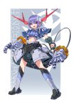  1girl absurdres ag_00000 character_name clenched_hand gundam highres mecha_musume midriff mobile_suit_gundam navel open_hands open_mouth personification purple_hair short_hair solo violet_eyes zeong 
