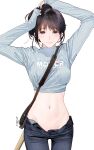  1girl absurdres bangs black_eyes black_hair breasts denim eyeliner guitar highres hitomi_o instrument jeans long_hair looking_at_viewer makeup midriff mole mole_under_mouth navel original pants simple_background sleeves_past_wrists smile solo white_background 