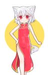  1girl absurdres alternate_costume animal_ear_fluff animal_ears bangs bare_arms bare_shoulders blush breasts closed_mouth dress eyebrows_visible_through_hair hair_between_eyes hand_on_hip highres inubashiri_momiji kibisake red_dress red_eyes silver_hair sleeveless sleeveless_dress small_breasts smile solo standing tail thick_eyebrows touhou two-tone_background white_background wolf_ears wolf_girl wolf_tail yellow_background 