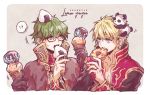  !? 2boys animal_on_head bangs beige_background black-framed_eyewear blonde_hair blue_eyes brown_jacket chest chocolate_syrup collarbone commentary_request dated doughnut eating food food_on_head glasses green_hair hair_between_eyes high_collar high_wizard_(ragnarok_online) highres holding holding_food ice_cream ichimi_(simtysiger) jacket long_sleeves looking_at_another multicolored multicolored_clothes multiple_boys object_on_head on_head onigiri orange_eyes panda ragnarok_online shirt signature simple_background spoken_interrobang sprinkles sweat two-tone_background upper_body upper_teeth white_shirt wizard_(ragnarok_online) 