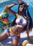  1girl black_hair breasts curvy dark-skinned_female dark_skin earrings gloves hair_bun hand_on_own_head highres jewelry liang_xing looking_to_the_side navel necklace nessa_(pokemon) pink_lips poke_ball pokemon pokemon_(game) shiny shiny_skin skin_tight skindentation swimsuit thick_thighs thighs 