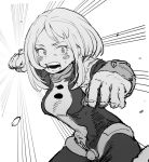  1girl blush_stickers bob_cut bodysuit boku_no_hero_academia breasts ddari emphasis_lines greyscale incoming_punch inverted_bob looking_at_viewer medium_breasts medium_hair monochrome motion_blur open_mouth solo standing uraraka_ochako 