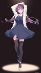 1girl amopui arms_up black_dress blue_eyes breasts dress floating_hair highres long_hair looking_at_viewer medium_breasts original purple_hair solo thigh-highs 