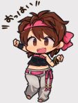 1girl belt bracelet brown_hair chibi full_body ibara. jewelry midriff momoko_(king_of_fighters) navel open_mouth pink_headband solo the_king_of_fighters