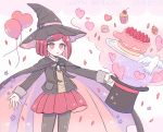  1girl 8takenokonosato8 balloon bangs bird black_headwear black_legwear cake cape confetti cupcake dangan_ronpa dated dove eyebrows_visible_through_hair food hair_ornament happy_birthday hat heart holding holding_clothes holding_hat jacket long_sleeves macaron open_mouth pantyhose red_eyes red_skirt redhead simple_background skirt super_dangan_ronpa_2 top_hat witch_hat yumeno_himiko 