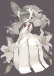  absurdres closed_mouth commentary flower full_body gardevoir gen_3_pokemon grey_background hand_up highres lily_(flower) looking_at_viewer mega_gardevoir mega_pokemon ntmkn pokemon pokemon_(creature) red_eyes solo white_flower 