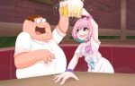  1boy 1girl ahoge alcohol arms_up bangs beer beer_mug blue_hair bracelet breasts brick_wall brown_hair collared_shirt commentary crossover cup english_commentary eyebrows_visible_through_hair family_guy fang glasses highres holding holding_cup hugeldude idolmaster idolmaster_cinderella_girls indoors jewelry looking_at_another mug multicolored_hair open_mouth peter_griffin pink_eyes pink_hair ring shirt short_hair short_sleeves smile t-shirt toast_(gesture) two-tone_hair white_shirt yumemi_riamu 