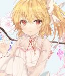  1girl alternate_costume back_bow blonde_hair blush bow breasts closed_mouth eyebrows_visible_through_hair flandre_scarlet floral_background hair_bow highres knees_up looking_at_viewer maruro neck_ribbon nightgown one_side_up red_eyes red_ribbon ribbon see-through short_hair sitting small_breasts smile solo touhou white_background white_bow wings 