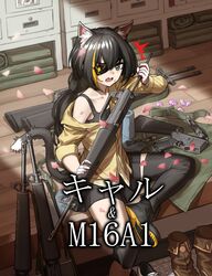  1girl animal_ears assault_rifle bangs bare_shoulders black_eyepatch black_hair black_legwear cat_ears cat_girl cat_tail cheogtanbyeong commentary_request cosplay eyepatch fang girls_frontline gloves green_eyes gun highres holding holding_gun holding_weapon indoors karyl_(princess_connect!) long_hair looking_at_viewer m16 m16a1 m16a1_(girls_frontline) m16a1_(girls_frontline)_(cosplay) multicolored_hair off_shoulder open_mouth petals princess_connect! rifle shorts sitting solo streaked_hair submachine_gun sweatdrop tail translation_request very_long_hair weapon white_hair 