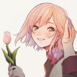  1girl artist_name close-up estellise_sidos_heurassein flower gloves green_eyes hand_on_another&#039;s_head highres holding holding_flower pink_hair shako_(tecolsmes) short_hair simple_background smile solo tales_of_(series) tales_of_vesperia tulip white_gloves 