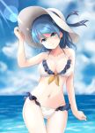  1girl beach bikini blue_eyes blue_hair blue_sky breasts clouds cowboy_shot day double_bun eyebrows_visible_through_hair frilled_bikini frills hat highres kantai_collection kuroneko86 large_breasts looking_at_viewer navel ocean outdoors sky solo standing sun_hat sunlight swimsuit urakaze_(kantai_collection) water white_bikini white_headwear 