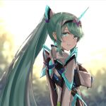  1girl bangs breasts earrings green_eyes green_hair jewelry large_breasts long_hair long_ponytail looking_back pneuma_(xenoblade) ponytail sarasadou_dan solo swept_bangs tiara very_long_hair xenoblade_chronicles_(series) xenoblade_chronicles_2 