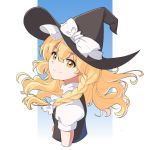  1girl artist_request black_dress blonde_hair bow braid dress hair_bow hat hat_bow highres kirisame_marisa long_hair puffy_sleeves shirt short_sleeves smile solo touhou upper_body white_bow white_shirt witch_hat yellow_eyes 