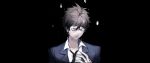  1boy ahoge black_background black_hair black_jacket black_neckwear black_suit closed_eyes collarbone collared_shirt dangan_ronpa dangan_ronpa_3 facing_down hand_on_own_chest hand_up highres hinata_hajime jacket male_focus necktie sad shirt short_hair simple_background solo unagi_(515816703) upper_body white_shirt 