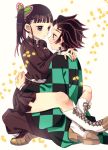  1boy 1girl bangs belt black_hair bug butterfly butterfly_hair_ornament checkered closed_mouth earrings facial_scar forehead_scar hair_ornament haori highres hug insect japanese_clothes jewelry kamado_tanjirou kimetsu_no_yaiba leg_lock long_hair long_sleeves looking_at_another scar shirokuma_(shiropan777) side_ponytail sitting sitting_on_person tsuyuri_kanao uniform violet_eyes white_belt 