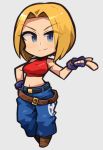  1girl belt blonde_hair blue_eyes blue_mary bob_cut breasts chibi crop_top fatal_fury fingerless_gloves full_body gloves ibara. midriff navel solo tsurime 