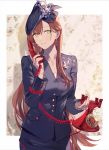  1girl accessories beret brown_hair collarbone duoyuanjun eyebrows_visible_through_hair eyes_visible_through_hair floral_print formal girls_frontline green_eyes hair_behind_ear hair_between_eyes hat highres holding holding_phone long_hair looking_at_viewer m1903_springfield_(girls_frontline) phone rotary_phone solo suit 