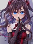  1girl absurdres bangs black_gloves blue_eyes brown_hair earrings elbow_gloves finger_to_mouth floating_hair gloves hair_between_eyes highres ichinose_shiki idolmaster idolmaster_cinderella_girls idolmaster_cinderella_girls_starlight_stage jewelry long_hair looking_at_viewer neck_ribbon ouuxuuo red_ribbon ribbon shushing sleeveless solo upper_body very_long_hair 