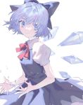  1girl blue_bow blue_dress blue_eyes blue_hair blurry bow breasts cirno closed_mouth commentary_request cowboy_shot depth_of_field dress eyebrows_behind_hair hair_bow ice ice_crystal ice_wings looking_at_viewer naomasap puffy_short_sleeves puffy_sleeves red_bow red_neckwear short_hair short_sleeves simple_background small_breasts smile solo touhou white_background wings 