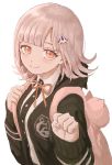  1girl backpack bag bangs black_jacket blush dangan_ronpa hair_ornament highres jacket long_sleeves medium_hair nanami_chiaki neck_ribbon pink_eyes pink_hair renshu_usodayo ribbon simple_background smile solo super_dangan_ronpa_2 upper_body white_background 