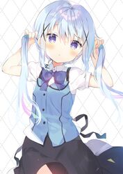  1girl :o bangs black_skirt blue_bow blue_hair blue_vest blush bow bunching_hair collared_shirt commentary_request dotted_line eyebrows_visible_through_hair gochuumon_wa_usagi_desu_ka? hair_between_eyes hair_ornament hands_up kafuu_chino long_hair looking_at_viewer parted_lips puffy_short_sleeves puffy_sleeves rabbit_house_uniform shirt short_sleeves skirt solo twintails uniform very_long_hair vest violet_eyes waitress white_background white_shirt x_hair_ornament yuizaki_kazuya 