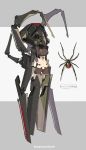  1girl black_widow_(spider) braid brown_hair brown_shorts bug dual_wielding extra_arms full_body headgear holding mecha_musume midriff no_feet original shorts solo spider weapon zenmaibook 