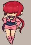  1girl chibi cleavage_cutout clothing_cutout earrings full_body hair_over_eyes hand_on_hip hand_on_own_face ibara. jewelry redhead shermie_(kof) solo the_king_of_fighters twintails 