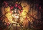  1girl absurdres bare_shoulders breasts chest_jewel chyan corpse flower_in_eye grey_hair hair_spread_out half-closed_eyes highres large_breasts long_hair mummy one_eye_covered original parted_lips sitting skull smile solo symbol_in_eye very_long_hair 
