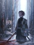  1boy absurdres black_hair black_jacket black_pants blood blood_on_face bloody_weapon brown_eyes checkered forest haori hatou_(pixi59327036) highres holding holding_sword holding_weapon jacket japanese_clothes kamado_tanjirou katana kimetsu_no_yaiba male_focus military_jacket nature pants parted_lips shiny shiny_hair short_hair snowing soaking_feet solo standing sword weapon 